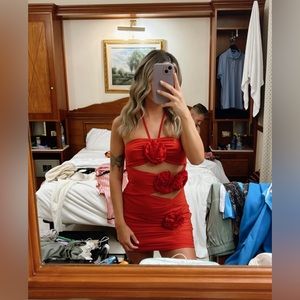 Petite Red Flower Detail Cut Out Mini Dress